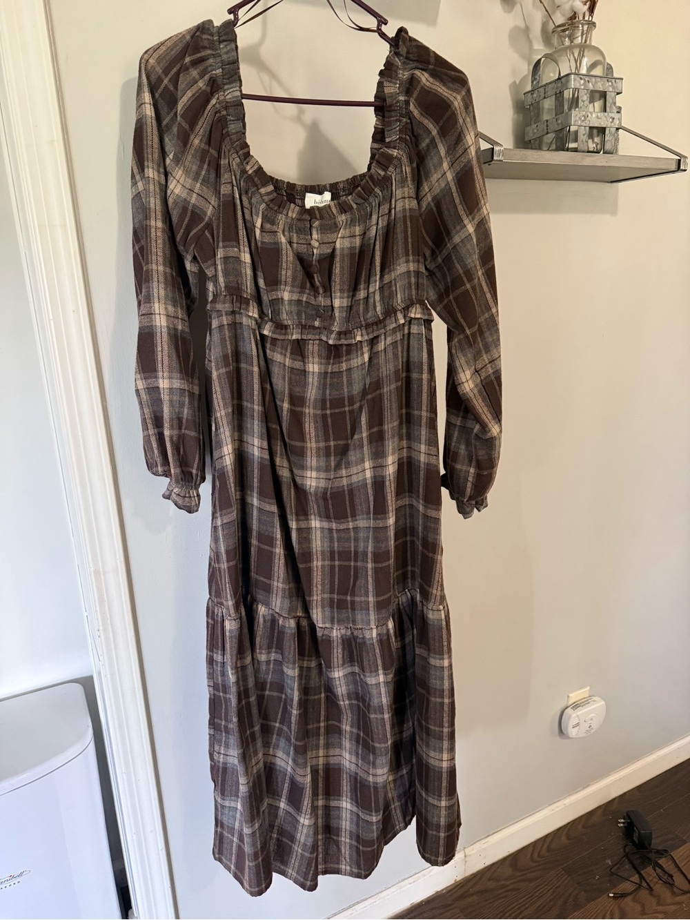 bohme Brown Plaid Ruffled Midi Dress